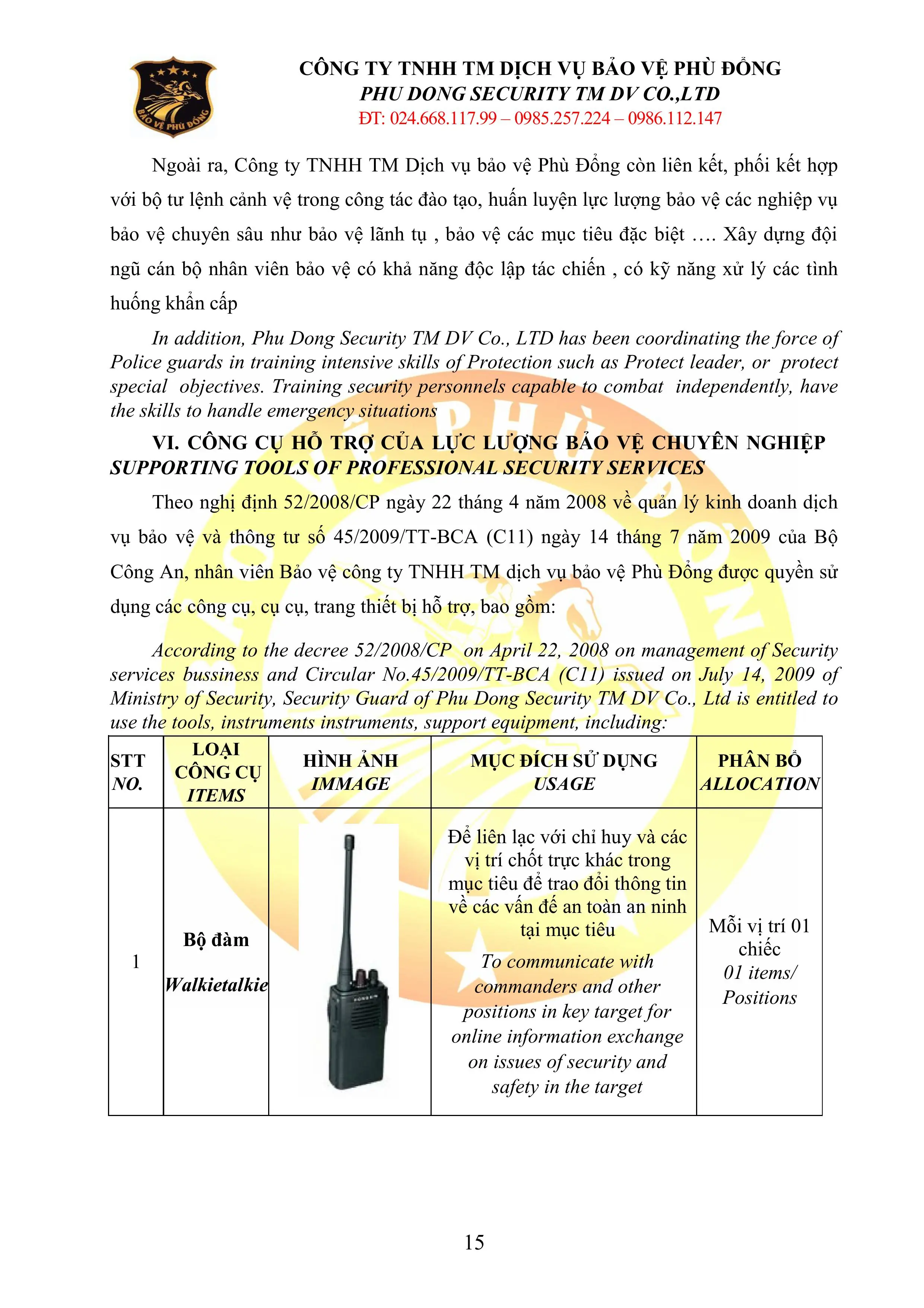 HỒ SƠ NĂNG LỰC BẢO VỆ PH&Ugrave; ĐỔNG