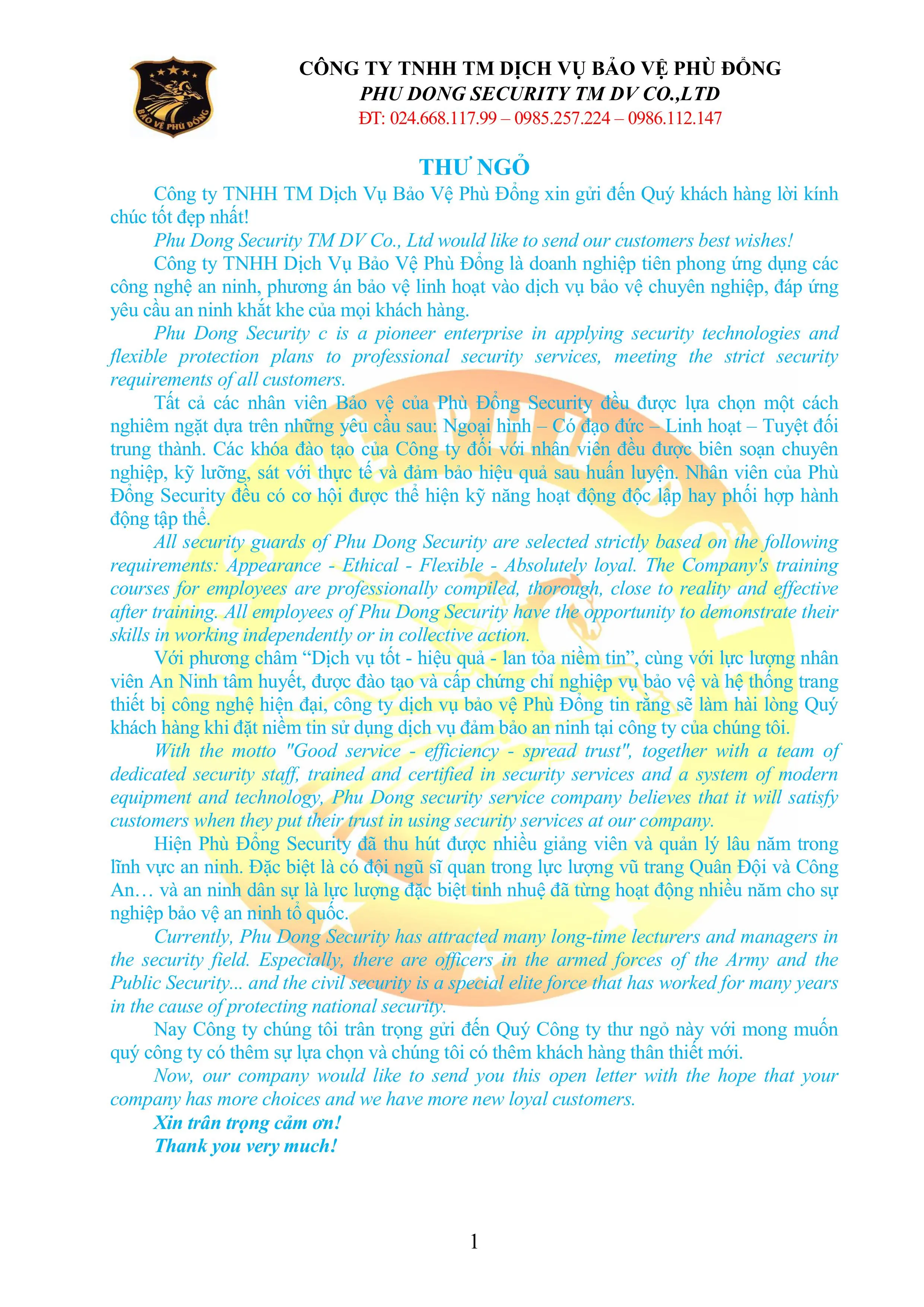 HỒ SƠ NĂNG LỰC BẢO VỆ PH&Ugrave; ĐỔNG